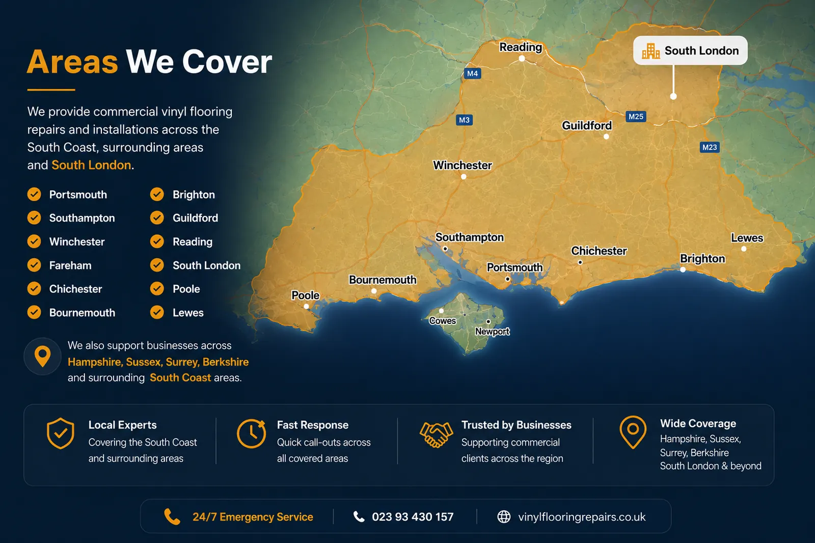 Map of VFR commercial vinyl and safety flooring repair coverage across the UK, with directly served heartland from Hampshire through Surrey to London