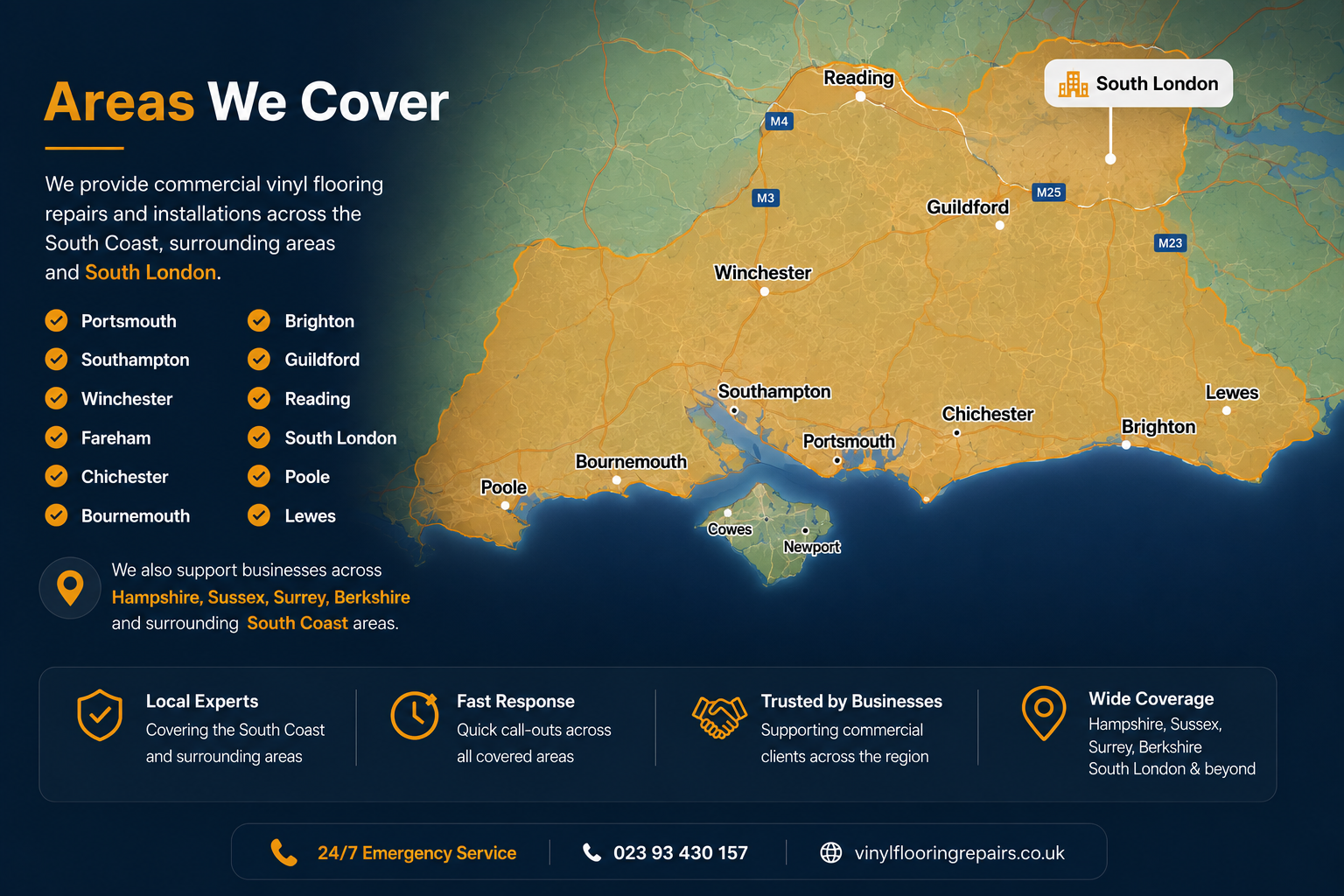 Areas We Cover Map showing VFR commercial vinyl flooring repair coverage across Hampshire, Sussex, Berkshire and the South Coast